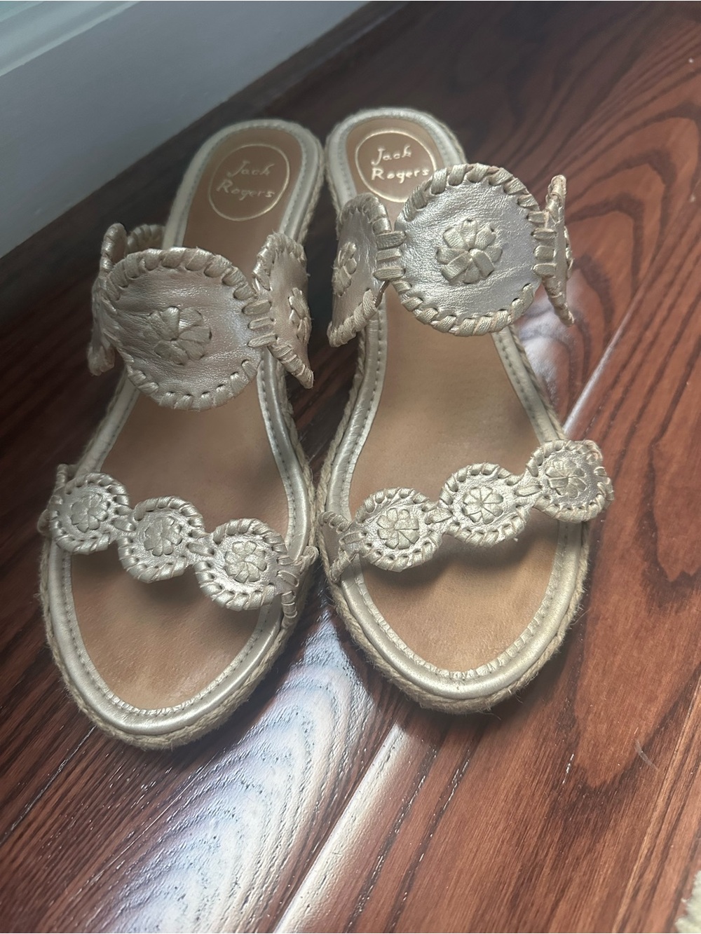 Jack Rogers Gold Leather Wedge Sandals